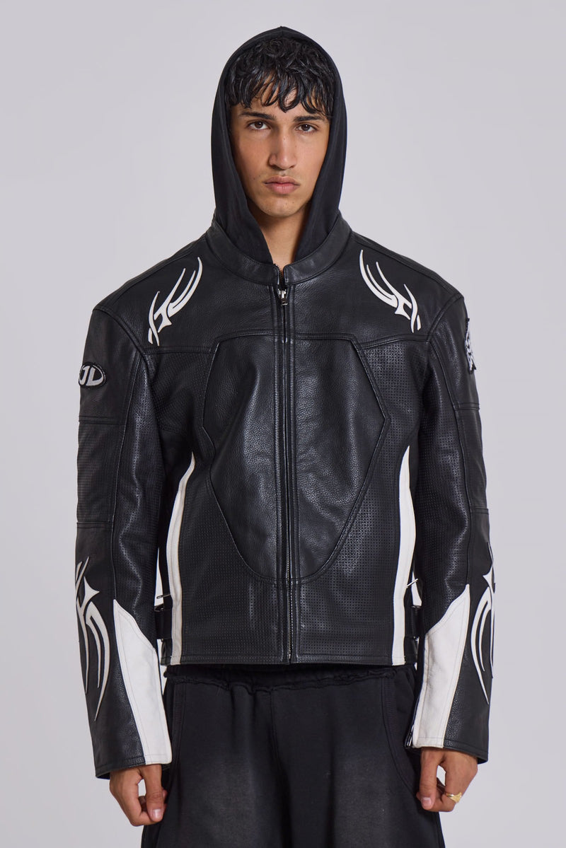 Black Tribal Graphic Moto Leather